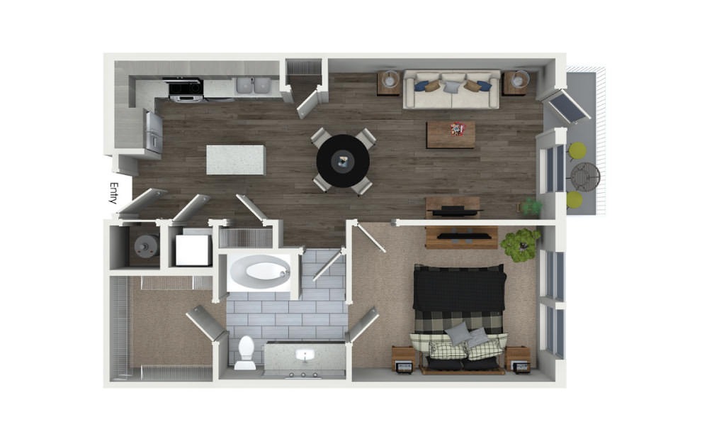 A1.1 - 1 bedroom floorplan layout with 1 bath and 743 square feet.