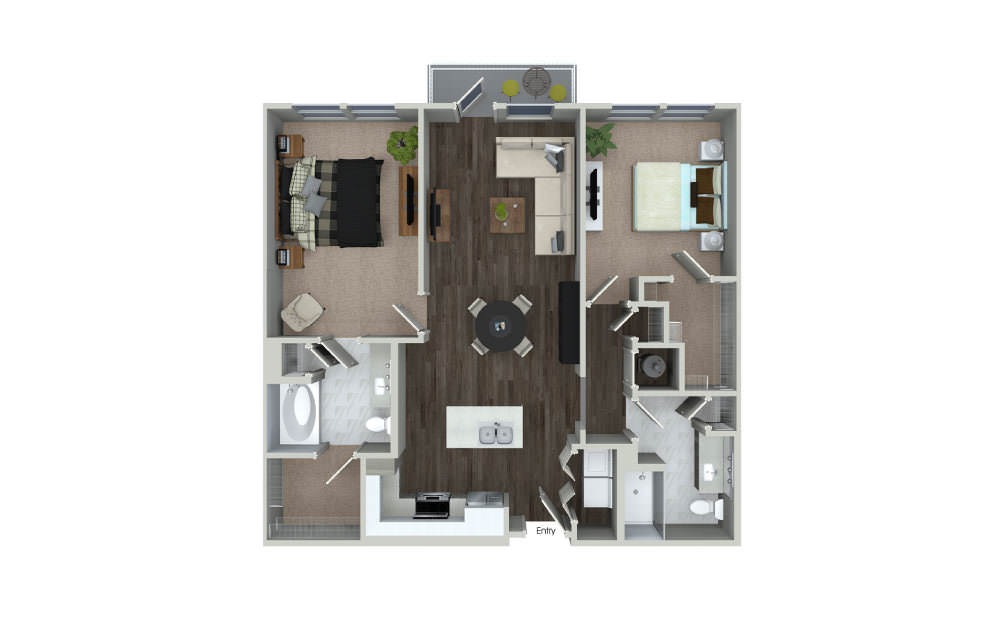 B1.3 - 2 bedroom floorplan layout with 2 baths and 1117 square feet.