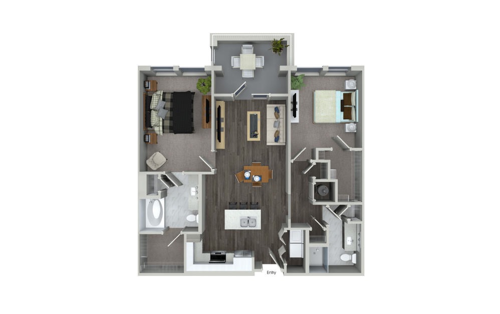 B1.4 - 2 bedroom floorplan layout with 2 bathrooms and 1070 square feet