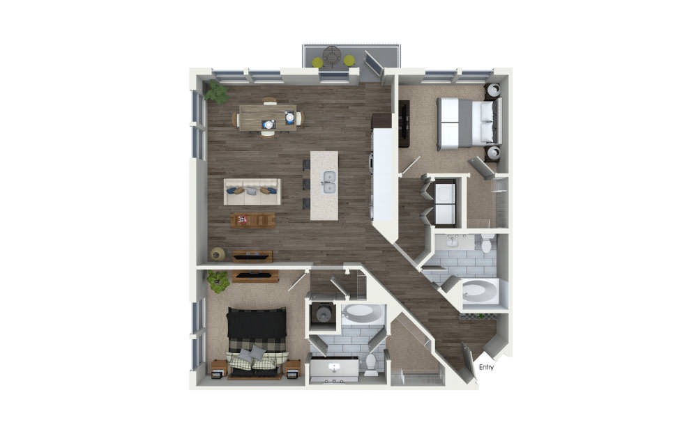 B2.2 - 2 bedroom floorplan layout with 2 bathrooms and 1193 square feet