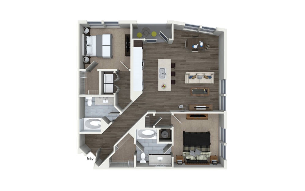 B2 - 2 bedroom floorplan layout with 2 bathrooms and 1133 square feet