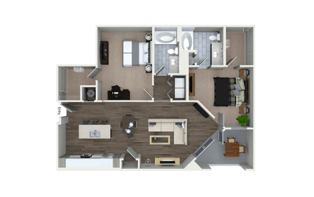 B3 - 2 bedroom floorplan layout with 2 bathrooms and 1233 square feet