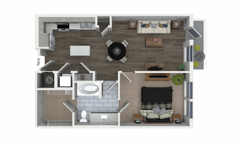 Floor plan for a one bedroom unit at 555 Ross Apartments in the Design District of Dallas, TX, with rendered features.