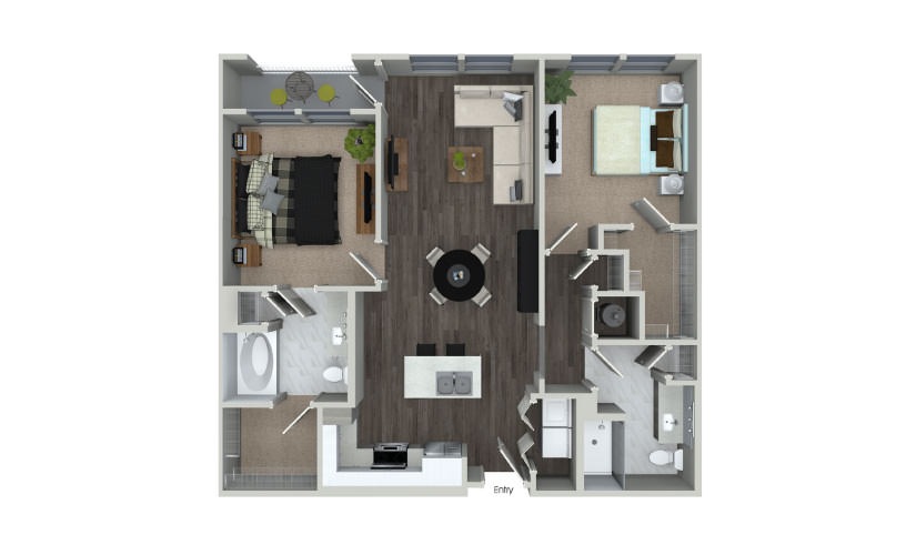 B1.1 - 2 bedroom floorplan layout with 2 bathrooms and 1069 square feet