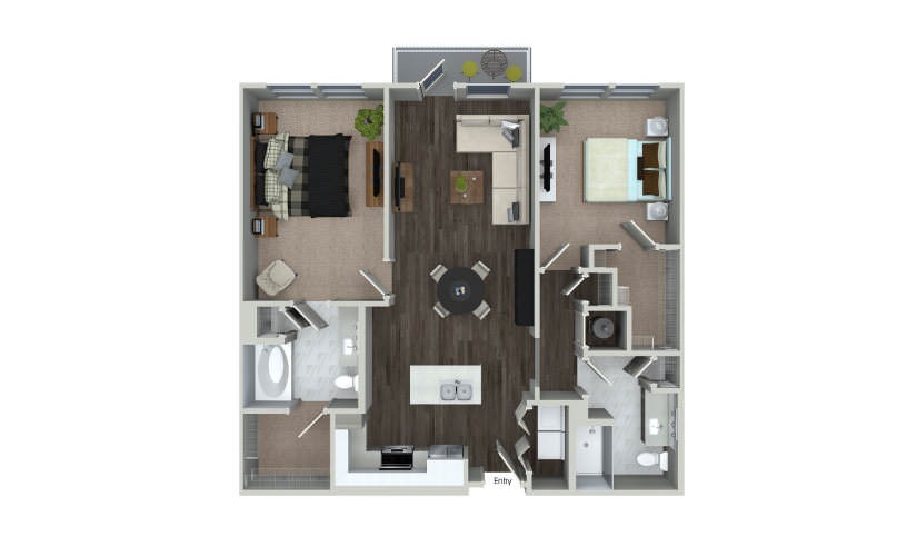 B1.3 - 2 bedroom floorplan layout with 2 bathrooms and 1117 square feet