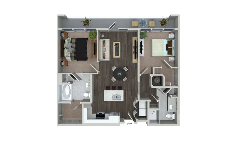 B1 - 2 bedroom floorplan layout with 2 bathrooms and 977 square feet