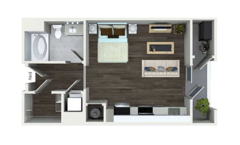E1.1-EH - Studio floorplan layout with 1 bathroom and 518 square feet