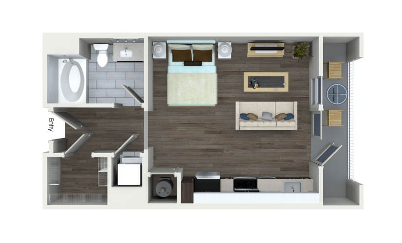 E1-EH - Studio floorplan layout with 1 bathroom and 500 square feet