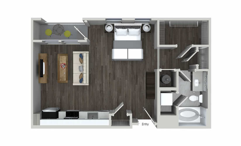 E2-EH - Studio floorplan layout with 1 bathroom and 627 square feet